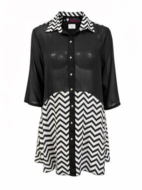 Model France Black Sheer Blouse Chevron Hem L/xl